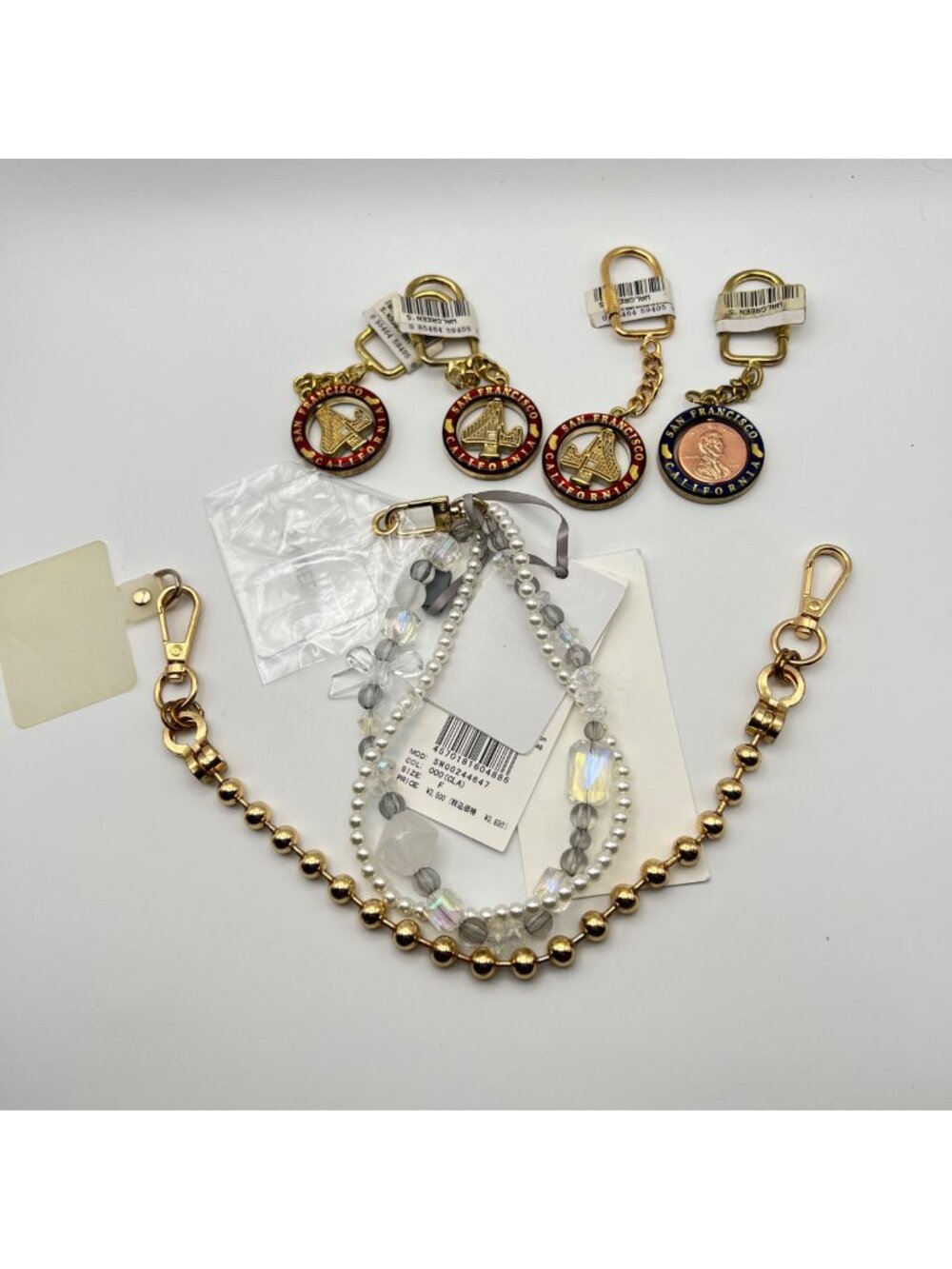 NWT Lot Handbag Purse Phone Charm Keyrings Gold Tone Faux Pearl Crystal San Fran